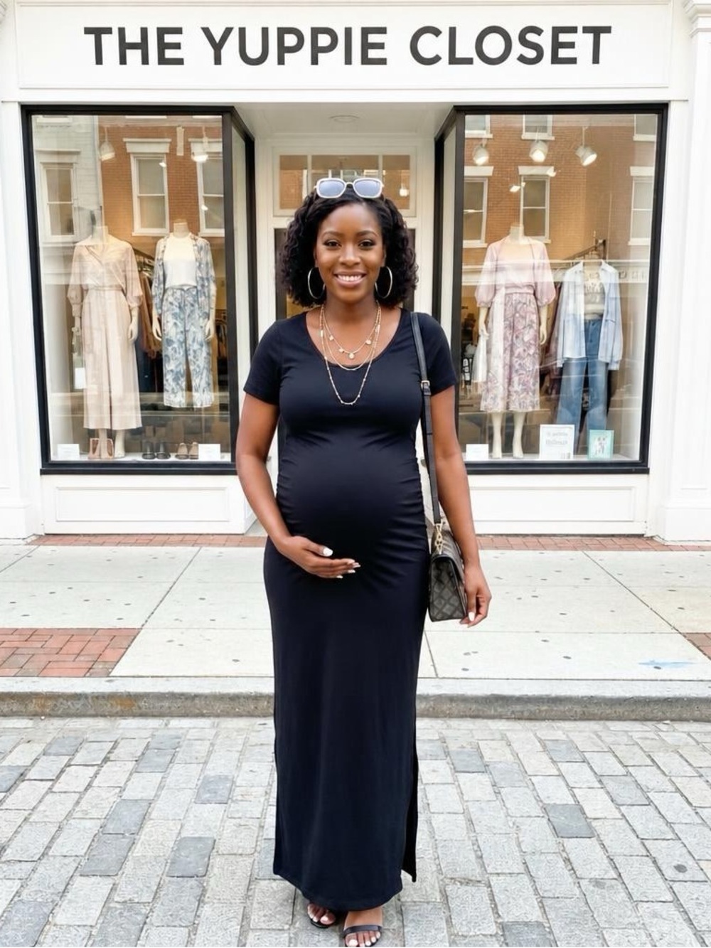 Times Two Black Ruched Short Sleeve Maternity Midi Maxi Dress Side Slit Size M